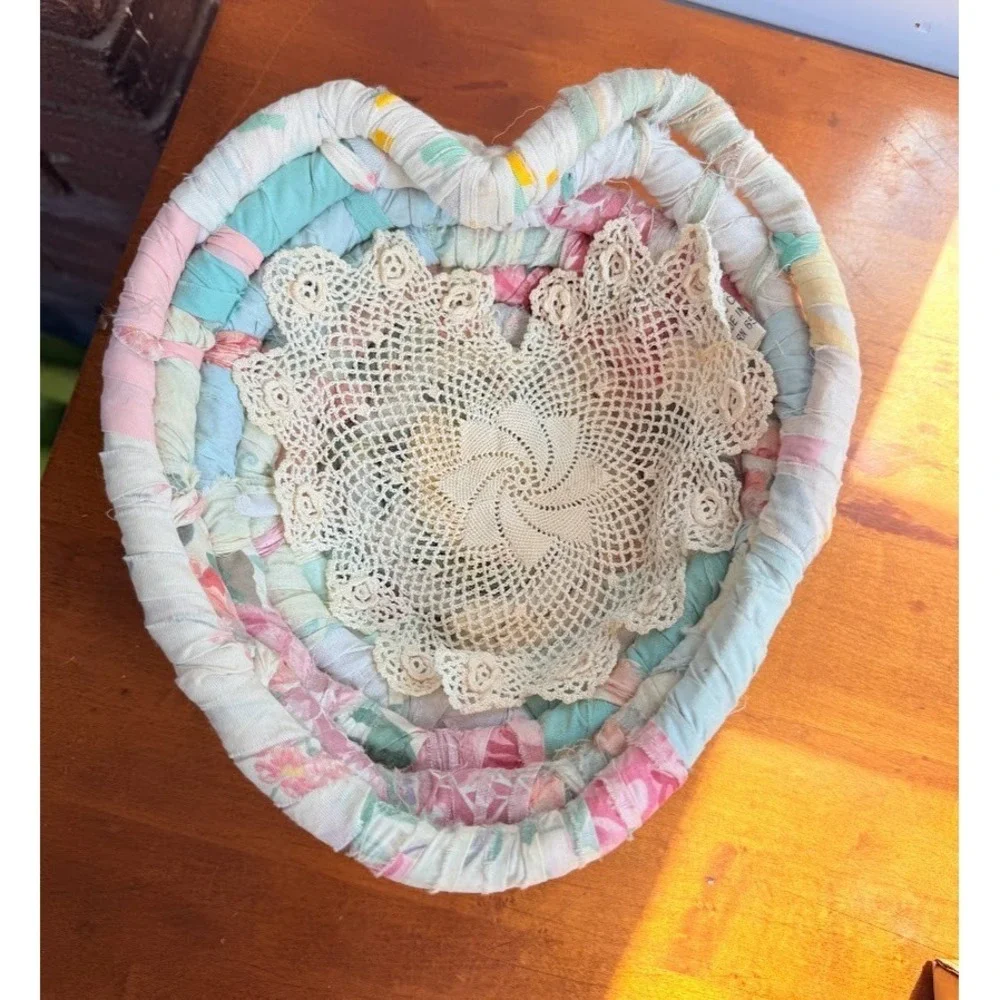 VTG 1980s pastel heart shaped Rag Coiled Basket Peking Handicrafts Whimsy Decor